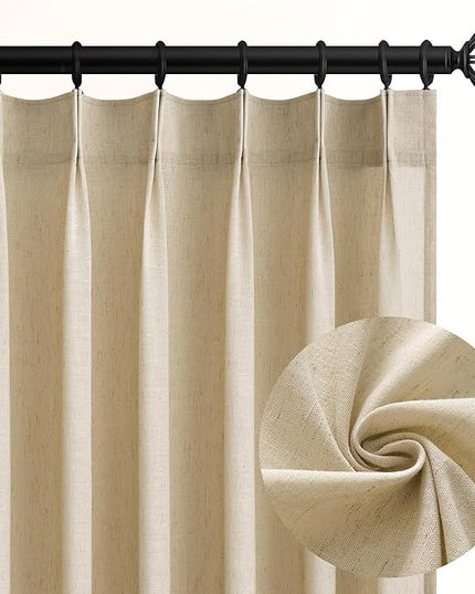 96 Inches Long Pinch Pleated Semi Sheer Curtains,Beige Light Linen Blended Light Filtering Window Curtains 96 Length 2 Panels for Living Room Bedroom Pinch Pleat Drapes with Hooks 2 Panels 40" Wx96 L