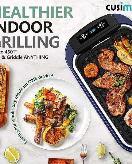Smokeless Grill, CUSIMAX 1500W Indoor Grill, Electric Grill Griddle with LED Smart Display & Tempered Glass Lid, Portable Korean BBQ Grill, Non-stick Removable Grill & Griddle Plate
