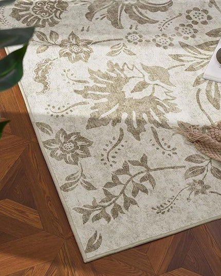 jinchan Torino Runner Rugs 2x6, Vintage-Inspired Floral Neutral Design Machine Washable Non-Slip Ultra-Thin Low-Pile Rubber Backing Runner Rug for Kitchen Hallway Laundry Room Entryway Taupe
