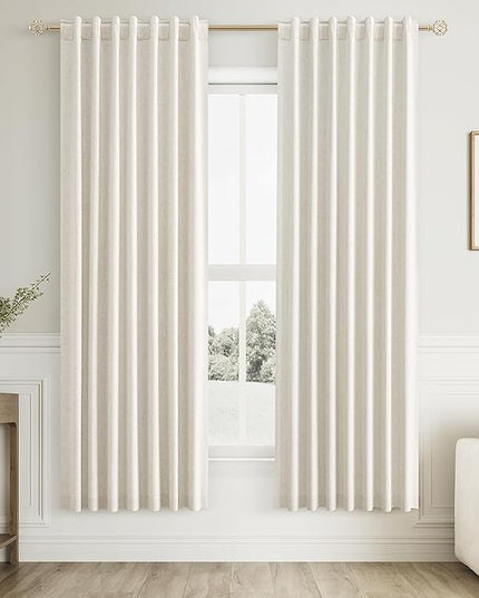 Guken 100% Blackout Cream Linen Curtains 52 Inch Wide by 76 Inch 2 Panels Set for Living Room Bedroom Back Tab Thermal Insulated Black Out Linen Drapes Room Darkening Window Curtains