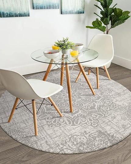 Lahome Medallion Round Rug - 5ft Machine Washable Round Bedroom Rugs Grey Non-Slip Throw Round Rugs for Living Room Vintage Distressed Circle Dinning Room Rug Large Round Carpet for Kitchen Office
