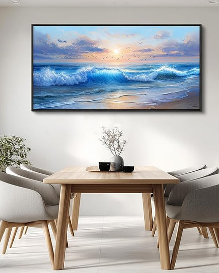 XIGUANGART Ocean Canvas Wall Art, Blue Sea Wave and Large Coastal Beach Paintings Sunset Seascape Pictures Framed Artwork Wall Decor for Living Room Bedroom Bathroom Kitchen Hallway Home Office