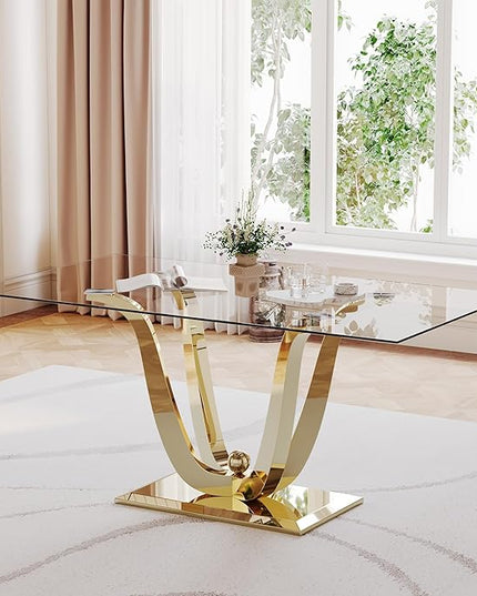 HomVent 70'' Glass Dining Table Set for 6, Modern Rectangle Glass Kitchen Table Set for 6, Kitchen Table and Chairs Set for 6 for Living Room,Kitchen