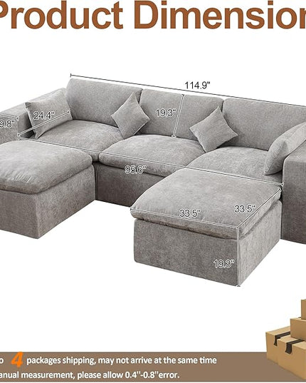 115'' Cloud Boneless Sectional Couch, Modular Sectional Sofa Deep Seat with 2 Ottomans, Oversized Upholstered Convertible Comfy 5 Seater Chenille Sofa U Shape Couches for Living Room, Light Grey
