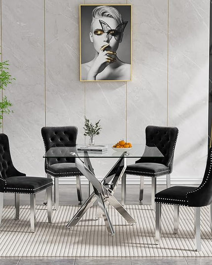 Glass Dining Table Set for 4, Square 36" Dining Table with Silver Cross Metal Leg, 4 Black Velvet Dining Chairs with Stainless Steel Legs, Modern Glass Kitchen Table and Chairs Set for Small Space