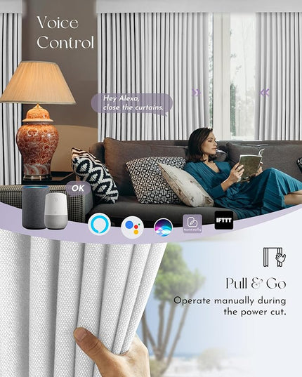 Graywind Hardwired Smart Curtains Compatible with Alexa Google Remote Control Motorized Drape for Sliding Door One-Way or Split Draw, Custom Width to 220" (Pure White)