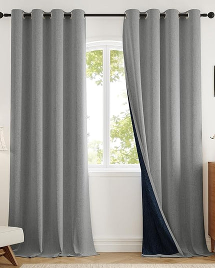 100% Blackout Curtains for Bedroom 90 inch Length 2 Panels Set, Farmhouse Linen-Look Textured Full Light Blocking Room Darkening Thermal Insulated Drapes for Living Room (W52xL90, Grey)