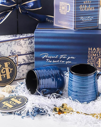 HASENSE Coffee Mugs Set of 2, 12oz Ceramic Glazed Mugs with Handles, Blue Reactive Glazes Tea Cups Gift Set for Men and Women, Includes Gold Spoon & Coaster