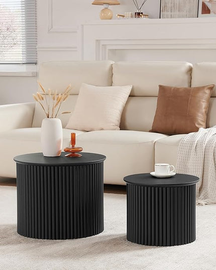 Small Fluted Round Nesting Coffee Table Set of 2, Mid Century Modern Coffee Table Circle Side Table, Wood Nesting Table Farmhouse End Tables Set for Living Room, Bedroom, Small Spaces(Black