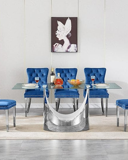 7 Piece Dining Table Set, Modern Glass Dining Table Set for 6 with Velvet Chairs, 70" Luxury Dining Table Chairs Set of 6, Kitchen Dining Room Sets for Dinner Dinette Breakfast Banquet, Blue+Silver