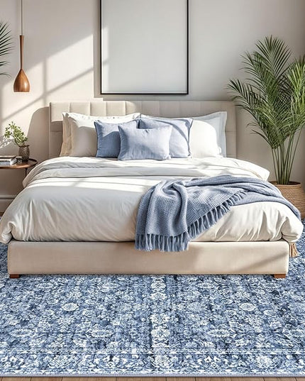 8x10 Area Rug Blue, Vintage Floral Large Washable Rug for Living Room Non-Slip Ultra Soft Bedroom Rug Tribal Traditional Farmhouse Carpet for Dining Room Office Home Décor