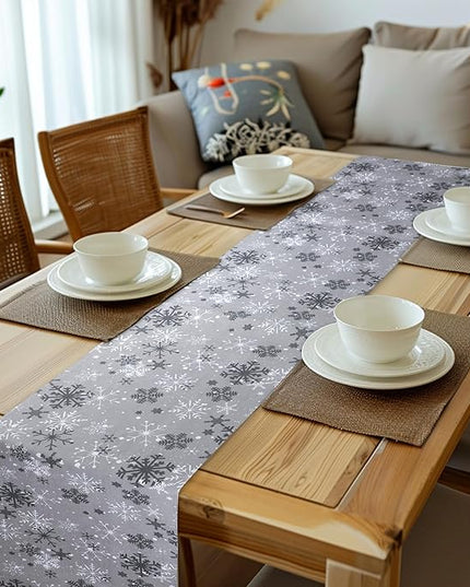 Urban Villa Christmas TableRunner Grey Snowflake Table Runner 14”x72” 100% Cotton Over Sized Runner Heavier Quality Table Runner for Christmas Celebrations Dining WeddingDinner Parties Everyday Use