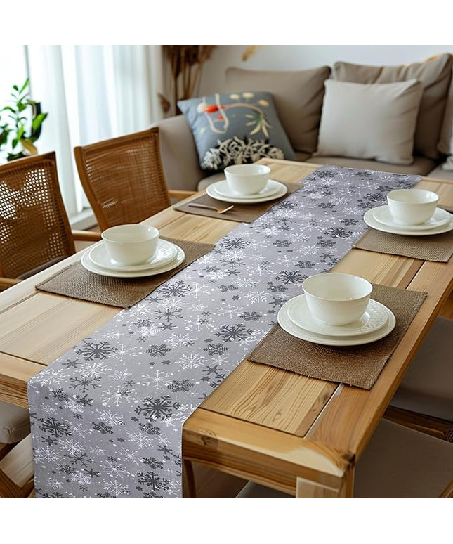 Urban Villa Christmas TableRunner Grey Snowflake Table Runner 14”x72” 100% Cotton Over Sized Runner Heavier Quality Table Runner for Christmas Celebrations Dining WeddingDinner Parties Everyday Use