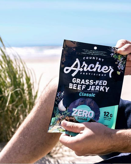 Country Archer Grass Fed Beef Jerky - Zero Sugar Beef Jerky, Sugar Free Beef Jerky Snack Pack, Beef Jerky Bulk, Individual Beef Jerky Packs, Gluten Free, Paleo - Classic Flavor, 2 oz (Pack of 6)