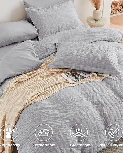 HYMOKEGE Light Grey Full Size Comforter Sets Seersucker 7 Pieces, All Season Luxury Bed in a Bag for Bedroom, Bedding Set with Comforters, Sheets, Pillowcases & Shams