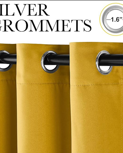 NICETOWN Room Darkening Gold Curtains 63 inch Length 2 Panels - Grommet Top Sound Reduction Privacy Faux Silk Satin Thermal Drapes for Bedroom/Living Room, W52 x L63