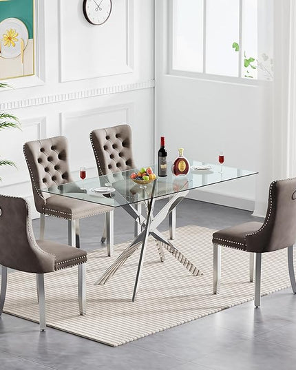 60" Glass Dining Table Set for 4, Modern Dining Room Table Set for 4, Silver X-Shape Pedestal Glass Table with 4pcs Gray Dining Chairs, 5 Piece Dining Set for Dining Living Room