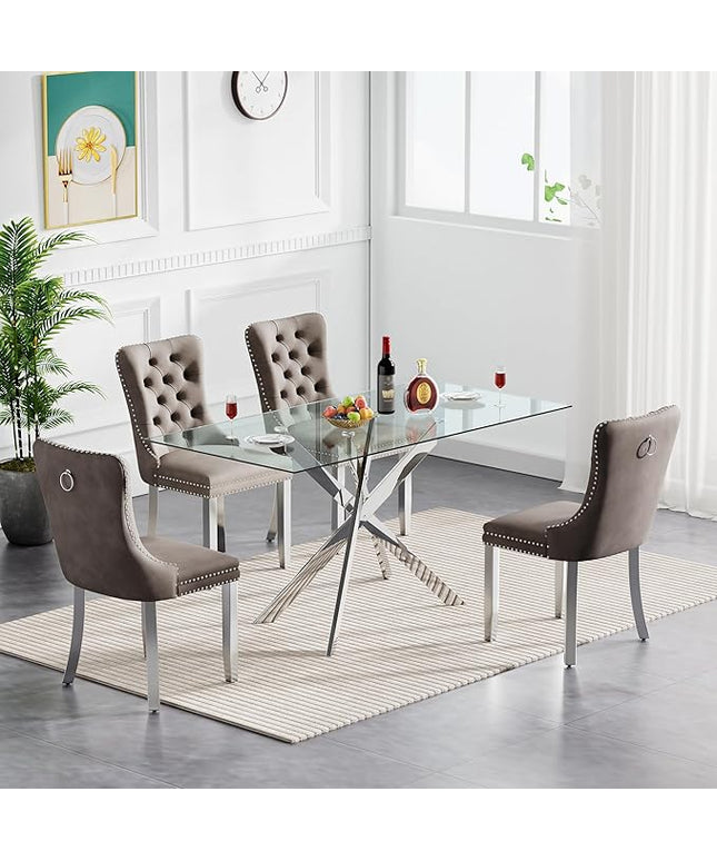 60" Glass Dining Table Set for 4, Modern Dining Room Table Set for 4, Silver X-Shape Pedestal Glass Table with 4pcs Gray Dining Chairs, 5 Piece Dining Set for Dining Living Room