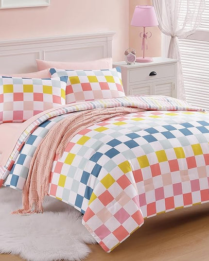 Full Size Comforter Set for Girls-7 Pieces Colorful Check Full Bedding Sets for Kids, Ultra Soft Bed in A Bag with Sheets