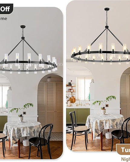20-Light Large Black Wagon Wheel Chandelier with Glass Shades, 60 Inch Farmhouse Industrial Round Chandelier for High Ceilings, Pendant Lighting Fixture for Dining Living Room Kitchen Island Foyer