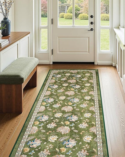 jinchan Elora 3x8 Floral Runner Rug for Hallway Washable Runner Vintage Romance Christmas Design Non Slip Thin Indoor Floor Cover Low-Profile Throw Carpet for Entryway Bathroom Bedroom Porch, Green