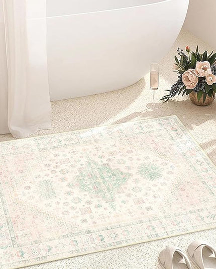 MUJOO Small Rug,2x3 Washable Area Rugs for Bathroom Entryway Entry Entrance Bedroom,Indoor Front Door Mat Non Slip Throw Carpet Boho Low Pile Light Pink and Green