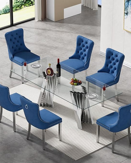 7 Piece Glass Dining Table Set,70" Dinner Room Glass Table Set for 6,Modern Kitchen Dinner Table Set with Stainless Steel Base and 6 Upholstered Velvet Dining Chairs for Living Dining Room