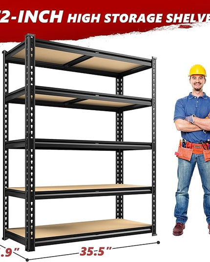 REIBII 2020LBS Storage Shelves 5 Tier Garage Shelving Heavy Duty Adjustable Garage Shelves, Utility Rack Shelf, Shelving Units for Storage Warehouse Pantry Closet, 35.5" W x 11.9" D x 72" H, Black