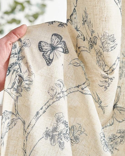 Lazzzy Blue Floral Linen Farmhouse Curtains 84 Inch Length Drapes for Living Room Bedroom Pattern Light Filtering Country Vintage Curtain Grommet Top, 2 Panels, Blue on Beige