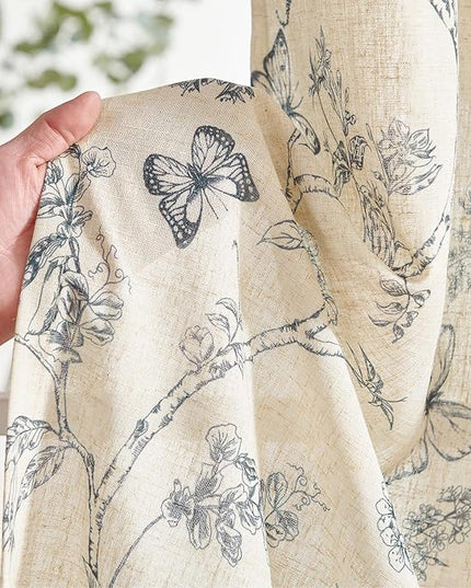Lazzzy Linen Floral Farmhouse Curtains Blue Curtains 90 Inch Length Drapes for Living Room Bedroom Pattern Light Filtering Country Vintage Curtain Grommet Top, 2 Panels, Blue on Beige