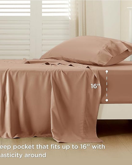 Bedsure Cooling Sheets Twin, Rayon Derived from Bamboo, Breathable & Soft Twin Sheets Set, Deep Pocket Up to 16 Inches, Hotel Luxury Silky Bedding for Hot Sleepers, Khaki