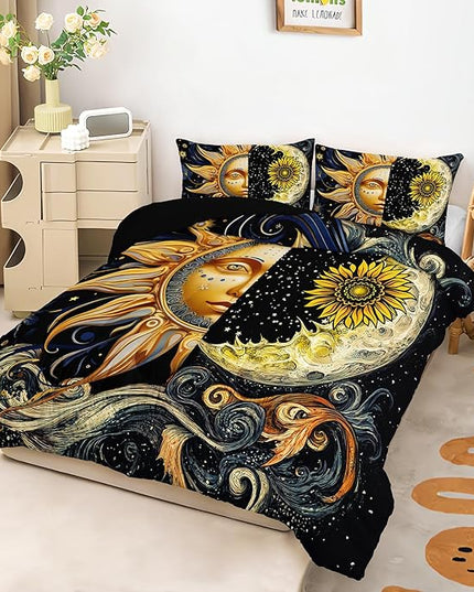 AILONEN Sun and Moon Comforter Set Full Size,Boho Exotic Black Galaxy Soft Bedding for Boys Girls,Gold Sun Moon Bohemia Comforter Set 3-Piece,1 Comforter + 2 Pillowcases