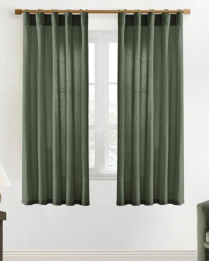 XTMYI 68 Inch Curtains 2 Panel Set,Linen Boho Semi Sheer Curtains for Bedroom Living Room,40x68 in Long,Olive Green
