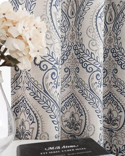 jinchan Linen Textured Curtains for Living Room Darkening 108 Inches Long, Medallion Drapes for Bedroom, Damask Pattern Window Treatments Vintage Curtain Panels, Extra Long 2 Panels Blue on Greige