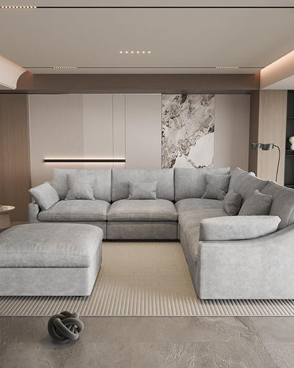 Could Couch Modular Sectional Sofa with Ottoman,Down Filled 120inch V Shaped Couch,Convertible Sofa Bed Living Room Set,6 Seat Sleeper Couched Bed, Cover Washable and Replaceable,Gray