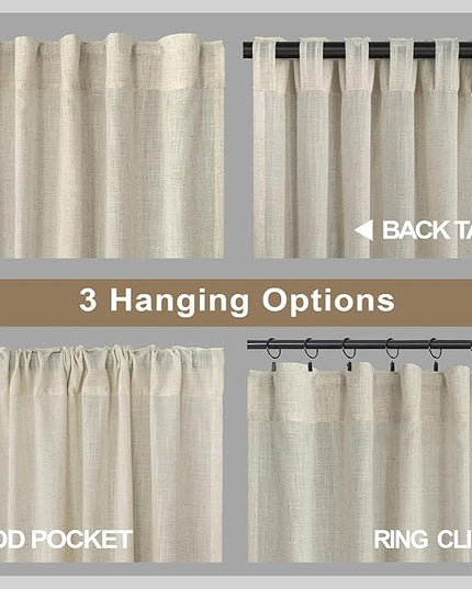 Pitalk 60 Inch Wide Curtains for Living Room 2 Panel Back Tab Pocket Drape Semi Sheer Burlap Linen Extra Large Boho Farmhouse Curtain for Bedroom Neutral Earth 5 FT Width by 9 FT Long 60x108 Tan Beige