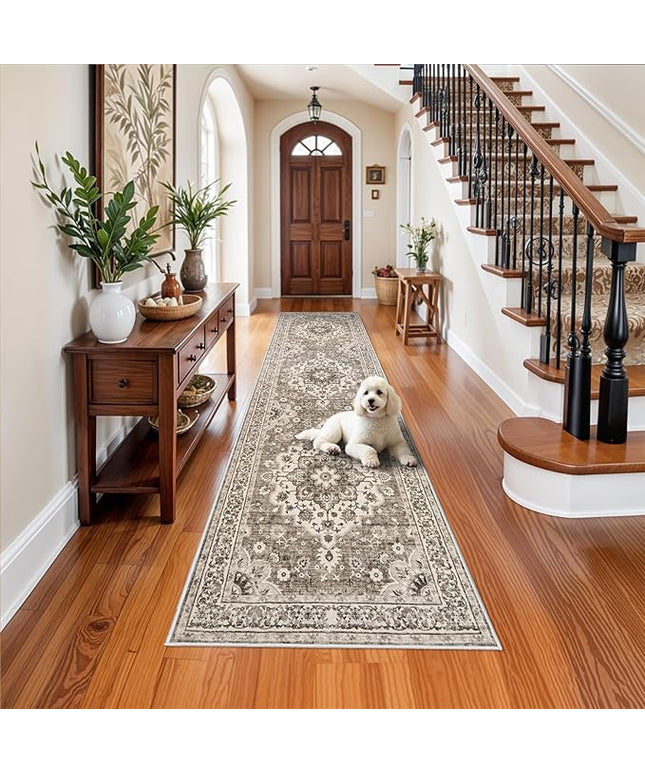Washable Oriental Hallway Runner Rug - 3x12 Rugs for Living Room Soft Carpet for Bedroom Kitchen Waterproof Floral Distressed Indoor Stain Resistant Non-Shedding Floor Carpets (Beige, 3X12)