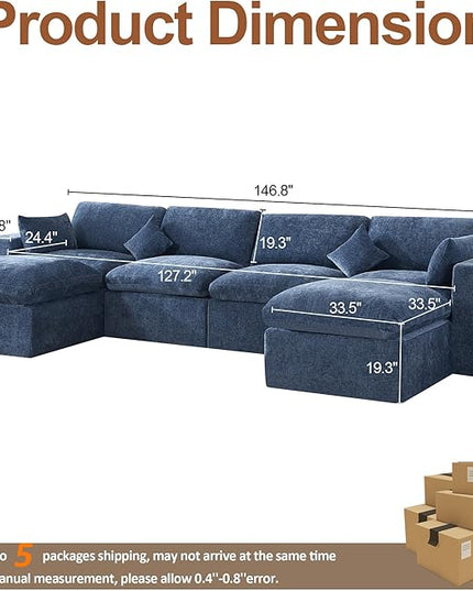 155''Cloud Boneless Sectional Couch, Modular Sectional Sofa Deep Seat with 2 Ottomans, Oversized Upholstered Convertible Comfy 6 Seater Chenille Sofa U Shape Couches for Living Room, Blue