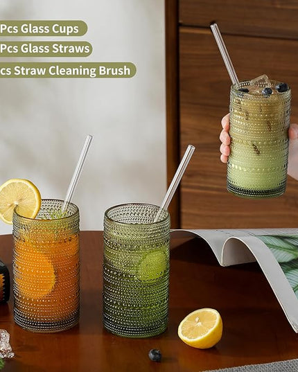 Vintage Hobnail Drinking Glasses Set of 12, 16 oz Large Capacity Embossed Green Tumblers, Highball Glasses for Water, Cocktail, Beer, Whiskey, Kitchen & Bar Use