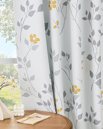Beauoop Floral 100% Blackout Curtains 54 Inch Length 2 Panels for Bedroom Living Room Yellow Grey and White Flower Patterned Room Darkening Thermal Soundproof Grommet Window Treatments Drapes, 52X54