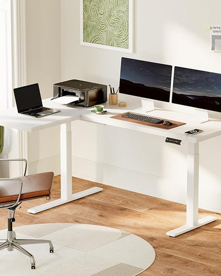 FLEXISPOT Corner Desk Dual Motor L Shaped Computer Electric Standing Sit Stand Up Desk Height Adjustable Home Office Table with Splice Board, 71x48 White