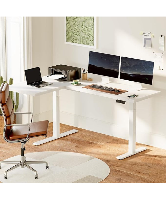 SANODESK 71-Inch Large Dual Motor L-Shaped Electric Height Adjustable Standing Desk - Reversible Panel - White Top/White Frame - Ideal for Gaming, Home Office or Computer Workstation