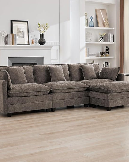 111'' Sectional Cloud Deep Seat Couch, Modern Comfy Chenille L Shaped Sectional Sofa for Living Room Set, Upholstered Modular 3-Seats Sofa Couch with 1 Movable Ottoman, Brown