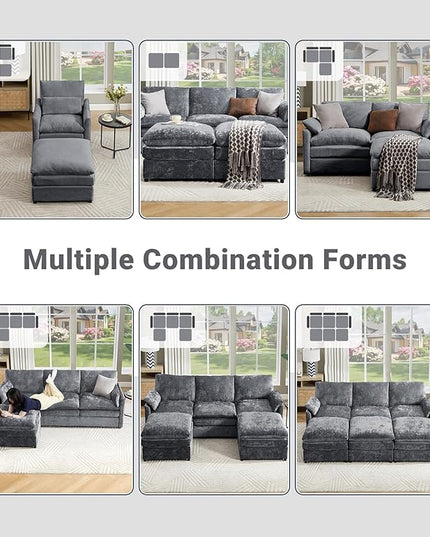 Tbfit Living Room Furniture Set, Standard Sofa & Ottoman, Modern Comfy Cloud Sofa Set, Spring Seat Cushions, Chenille, Gray