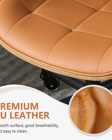 Home Office Desk Chair with Wheels, Adjustable Height Armless Office Chair, PU Leather Mid Back 360° Small Computer Chair, Modern Walnut Chair No Arms for Office, Reading Meeting Room(Brown)
