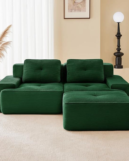 82" Convertible Modular Couches, Deep Seat L Shaped Sofas for Living Room, Modern 2 Seater Love Seat Sofa with 1 Ottoman for Small Space, Comfy Cloud Sectional Sofa Set, Corduroy Fabric Green