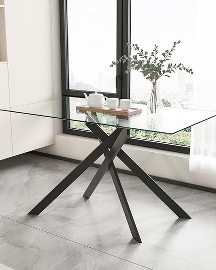 51" Rectangular Glass Dining Table Modern Kitchen Glass Top Table for 4 with Black Metal Legs, Clear Dining Table Kitchen Table for Home Office Dining Room