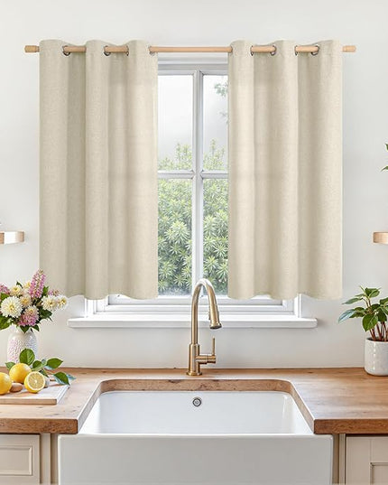 LAMIT Natural 40 inch Length Linen Curtains, Linen Textured Thermal Insulated Curtains Grommet Privacy Burlap Neutral Drapes for Small Windows/Cafe/Kitchen, W42 x L40, 2 Panels, Natural Beige