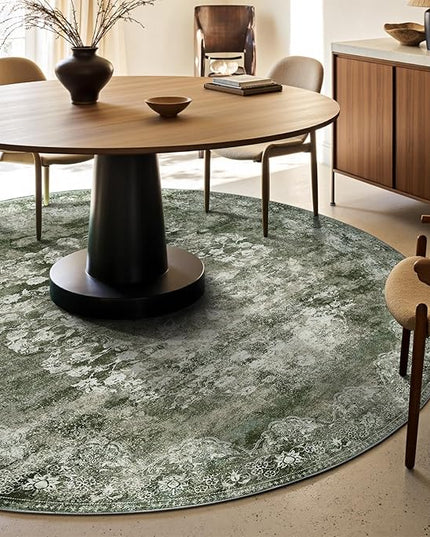 jinchan Round Rug 6ft Area Rug - Green Vintage Floor Mat Kitchen Indoor - Washable Circle 6' Thin Floral Print Christmas Carpet Retro Farmhouse Non Slip Dining Room Living Room Bedroom Office