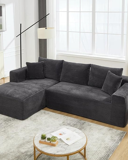 PELUMY 108.7" L-Shaped Cloud Couch with Memory Foam, Modular Sectional Sofa with Oversized Chaise, No Assembly Required Sleeper Sofa for Small Space Living Room, Apartment (Grey, Corduroy)